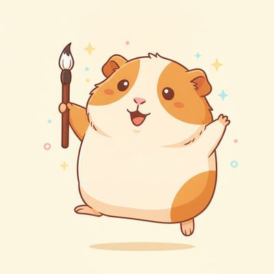 The HanziCrush guinea pig mascot celebrating with a calligraphy brush